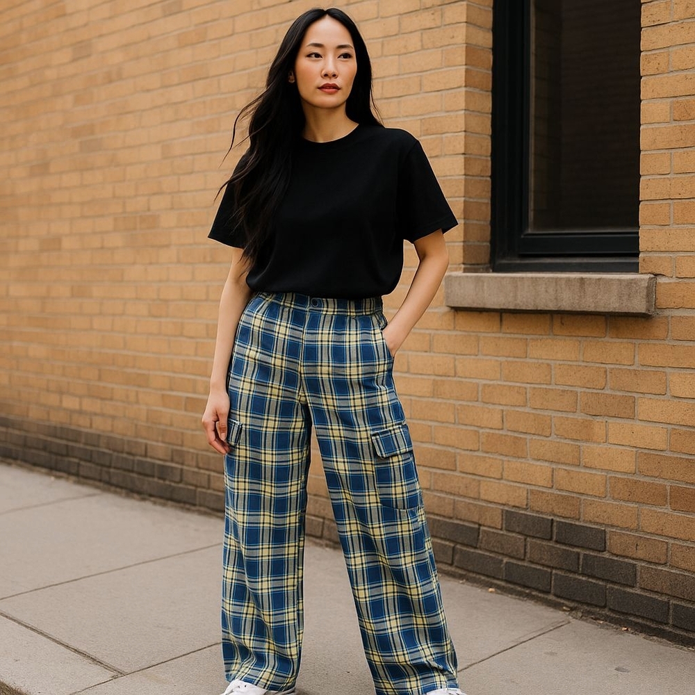 Forever 21 Blue and Yellow Cargo Pants with Plaid Pattern